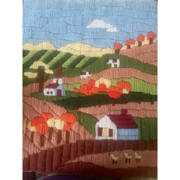 Vintage 1980s Crewel Longstitch Needlepoint Primitive Scene Farm Landscape - Picture 2 of 7